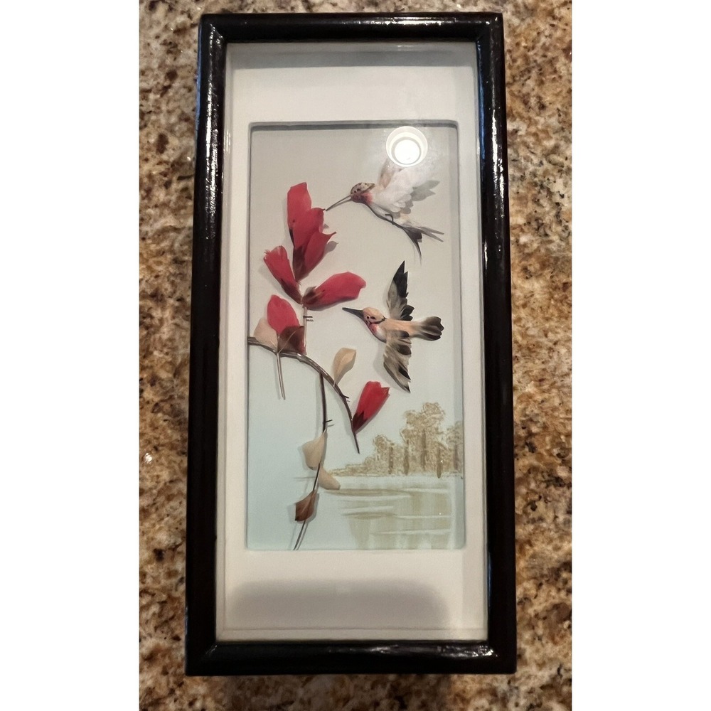 Vintage Feather Art Japanese Diorama Framed 9" X 4.5"